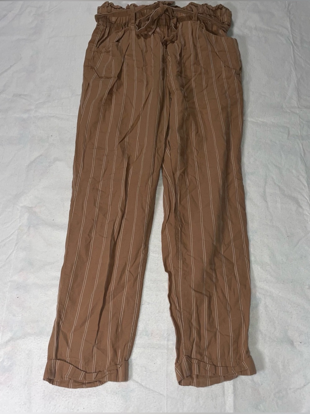 Thread + Supply S Brown White Stripe Elastic Waist Belted 100% Cotton Pants